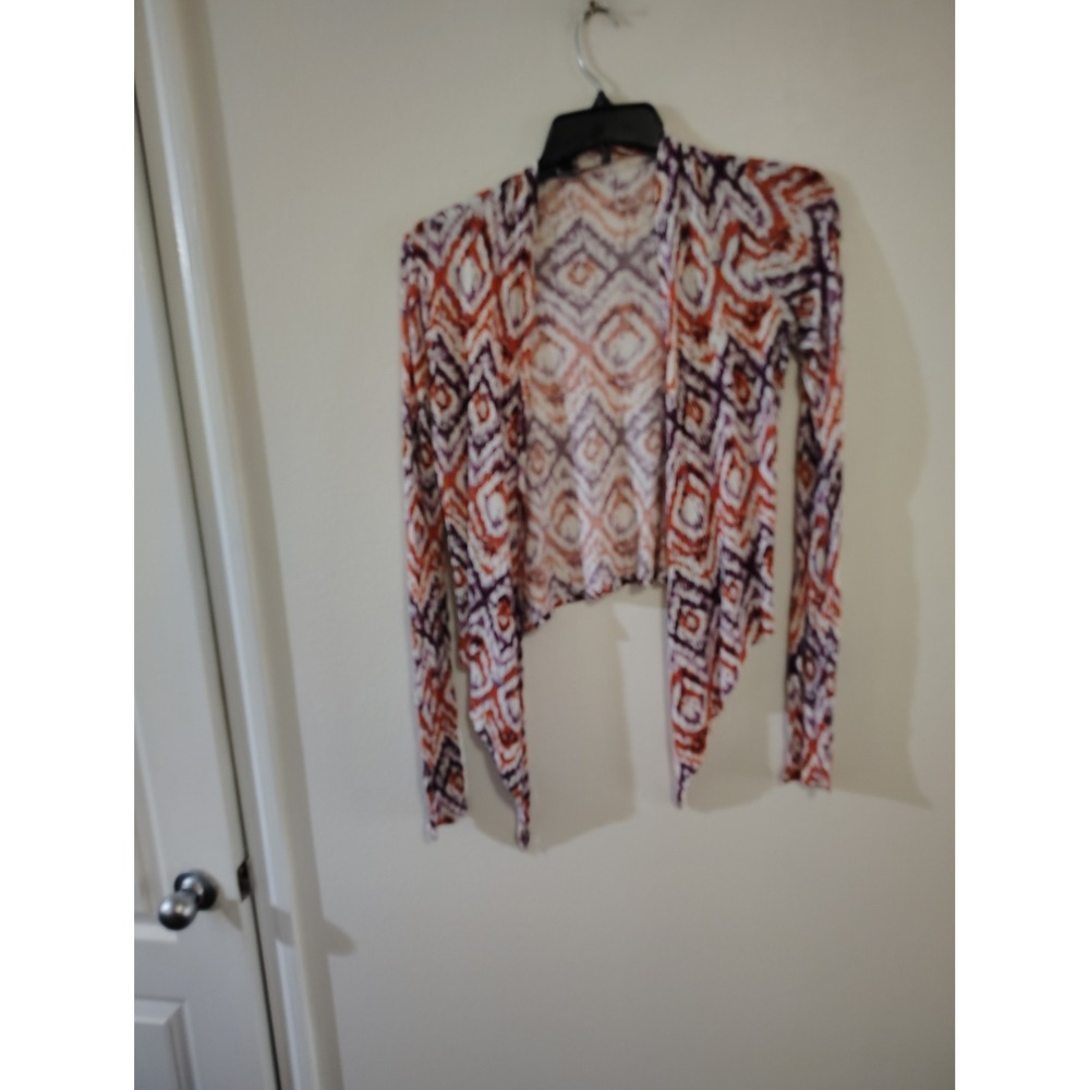 Poof Womens Orange Purple Ikat Diamond Print Open Front Draped Cardigan‎ Large